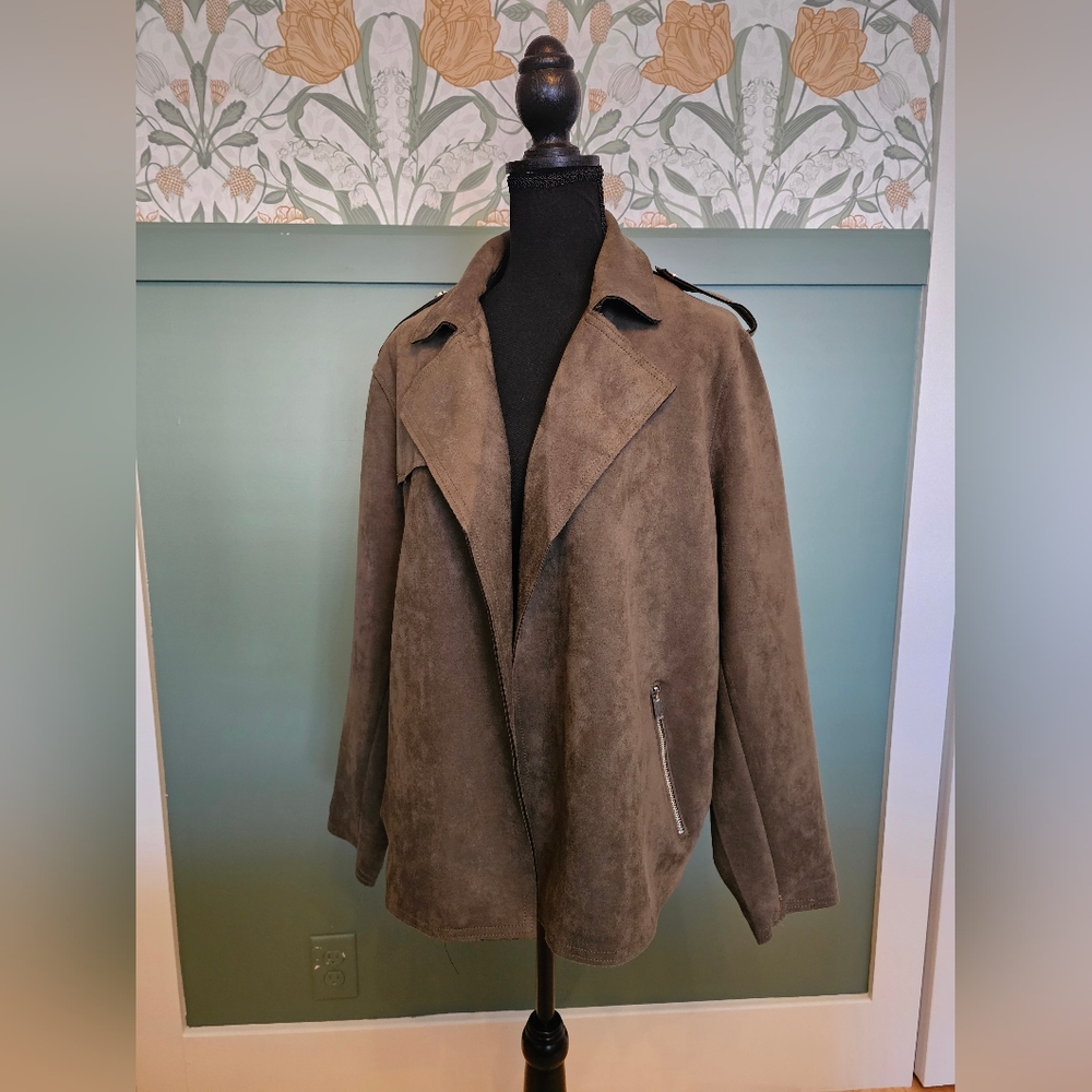 Dark Green Microsuede Biker Jacket 1X